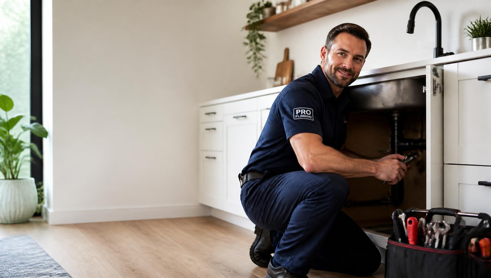 Licensed Georgia plumber repairing pipes under a kitchen sink
